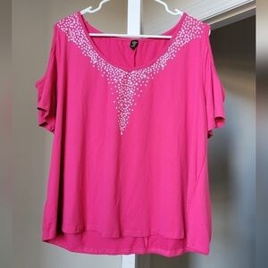 Women cold shoulder short sleeves polka dot pink blouse